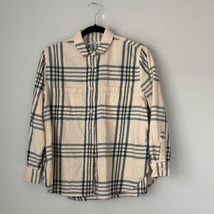 Madewell Men’s Flannel Button Down Striped Shirt in Cream and Green